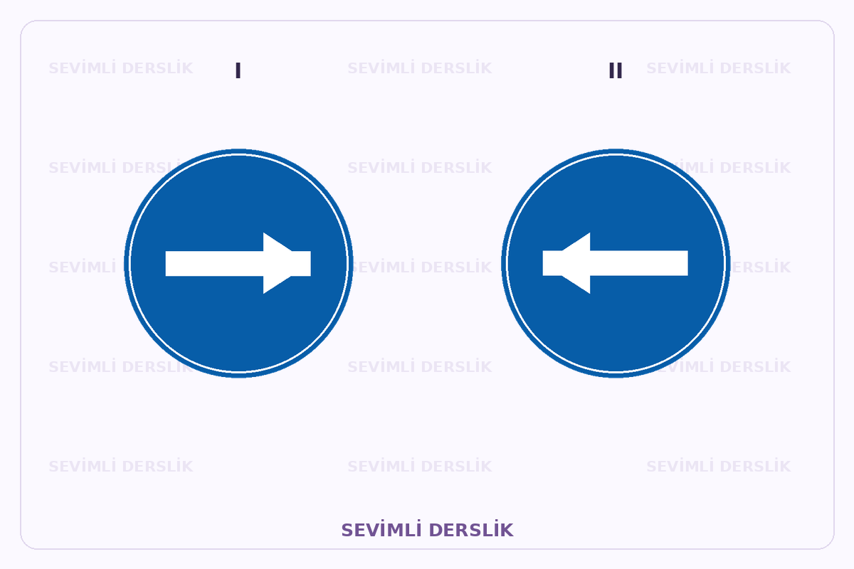 Sevimli Derslik filigranlı trafik işareti görseli. I ve II işaretleri yan yana gösterilmiştir.