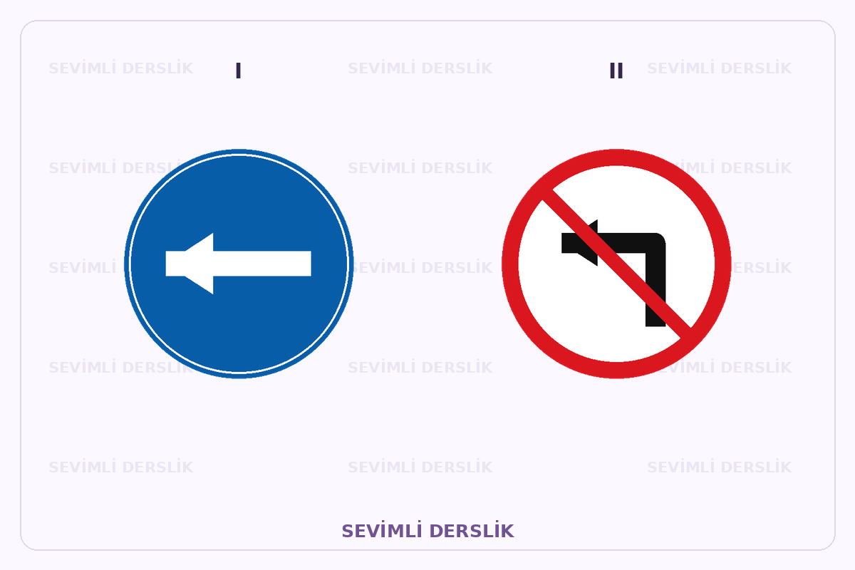 Sevimli Derslik filigranlı trafik işareti görseli. I ve II işaretleri yan yana gösterilmiştir.