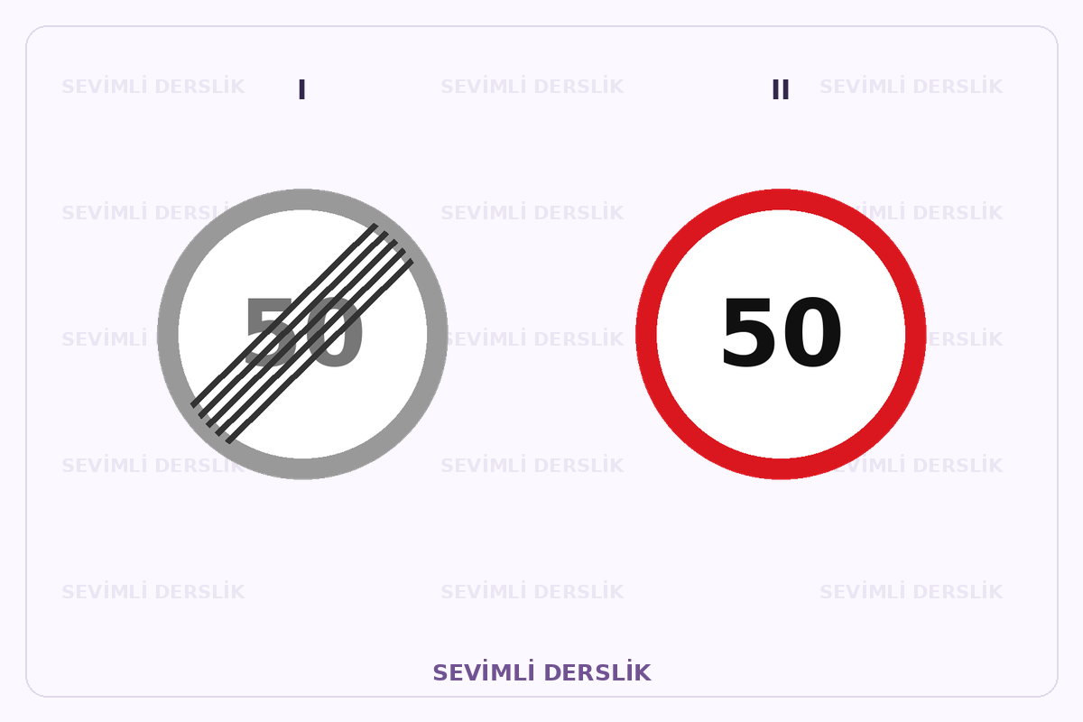 Sevimli Derslik filigranlı trafik işareti görseli. I ve II işaretleri yan yana gösterilmiştir.
