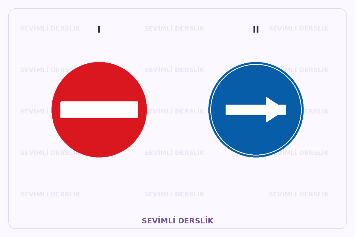 Sevimli Derslik filigranlı trafik işareti görseli. I ve II işaretleri yan yana gösterilmiştir.