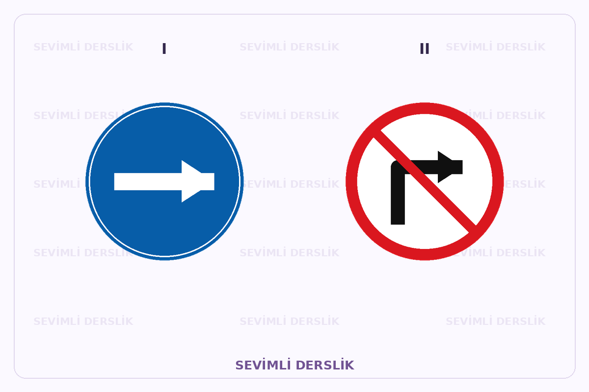 Sevimli Derslik filigranlı trafik işareti görseli. I ve II işaretleri yan yana gösterilmiştir.