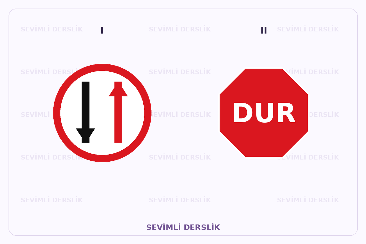 Sevimli Derslik filigranlı trafik işareti görseli. I ve II işaretleri yan yana gösterilmiştir.