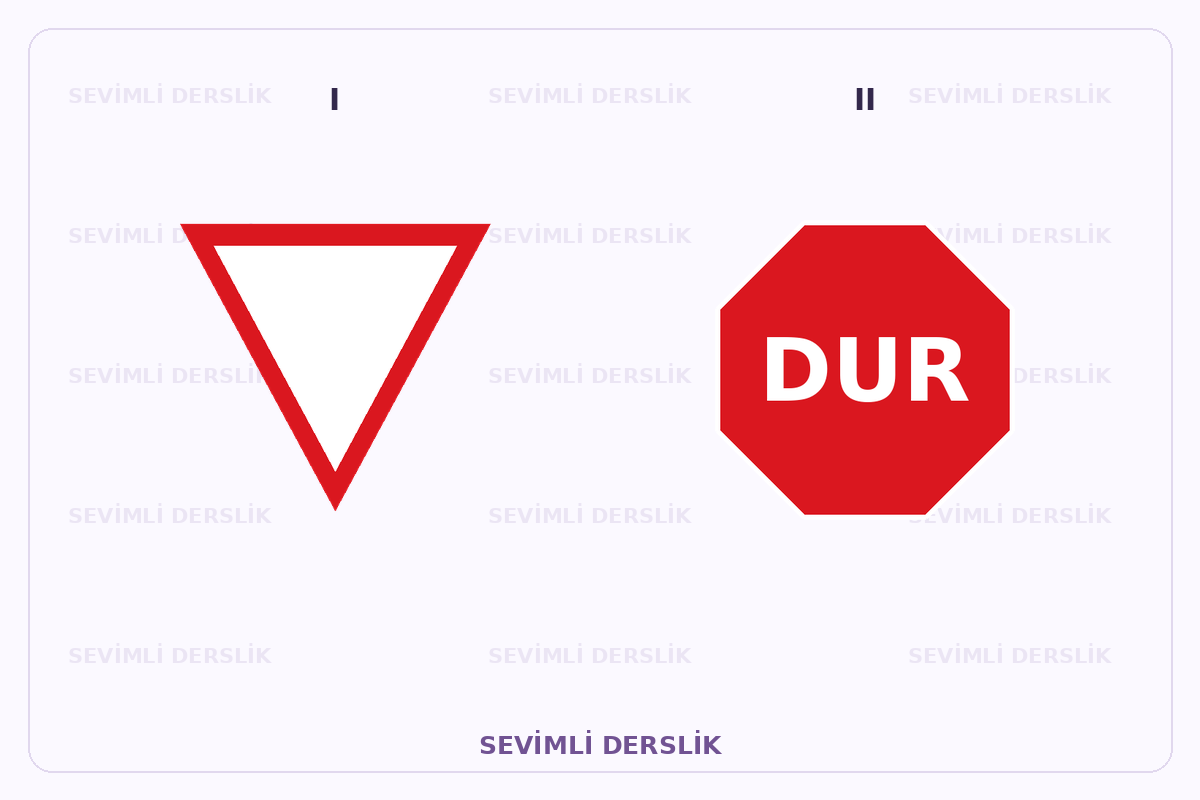 Sevimli Derslik filigranlı trafik işareti görseli. I ve II işaretleri yan yana gösterilmiştir.