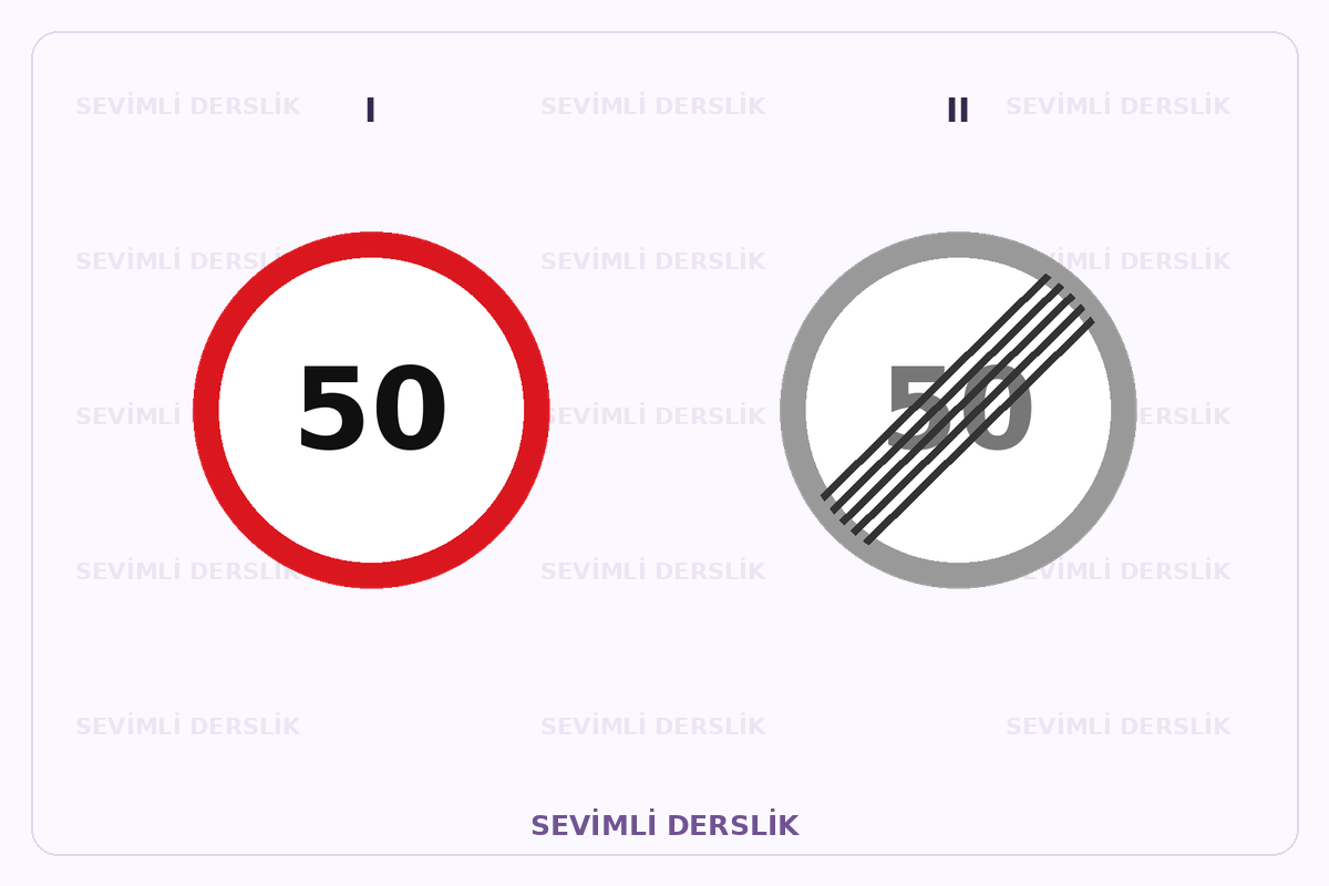 Sevimli Derslik filigranlı trafik işareti görseli. I ve II işaretleri yan yana gösterilmiştir.