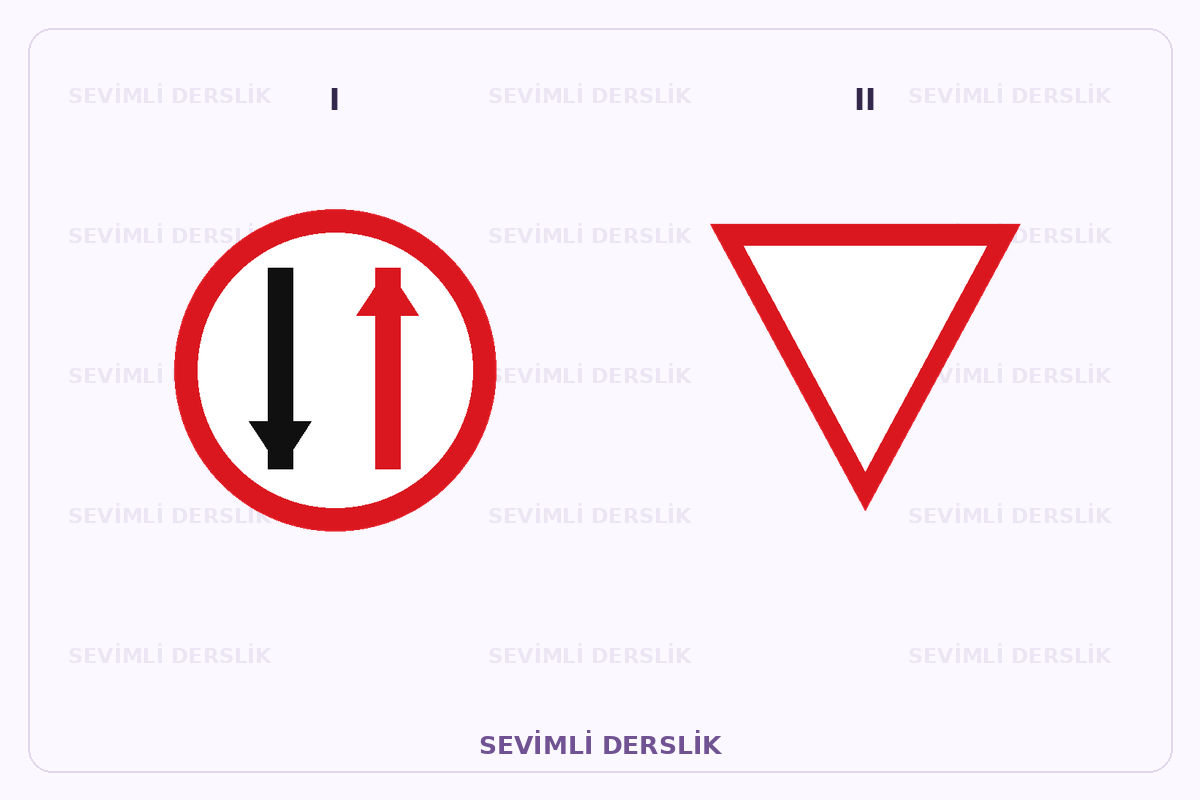 Sevimli Derslik filigranlı trafik işareti görseli. I ve II işaretleri yan yana gösterilmiştir.
